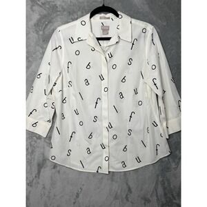 Chicos No-Iron White Alphabet Print 3/4 Sleeve Cotton Blouse Size 1 Medium 8/10